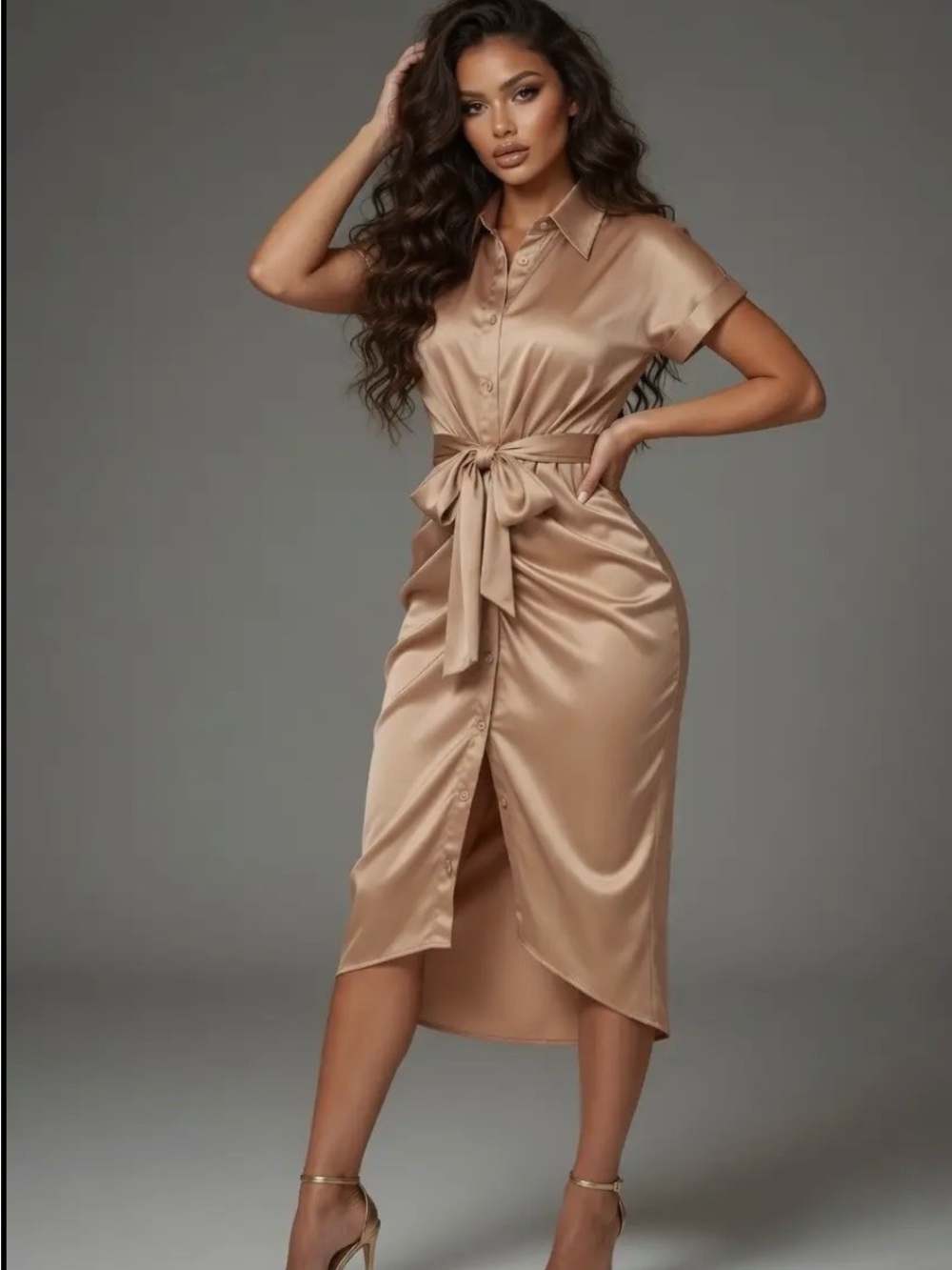 Champagne Midi Ruched Waist Tie Shirt Dress